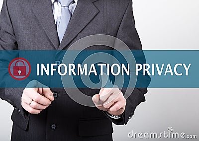 Technology, internet and networking concept - Businessman presses information privacy button on virtual screens Stock Photo