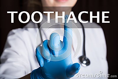 Technology, internet and networking in medicine concept - medical doctor presses toothache button on virtual screens Stock Photo