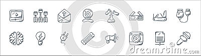 Technology line icons. linear set. quality vector line set such as microphone, washing machine, ram, brain, swiss knife, Vector Illustration