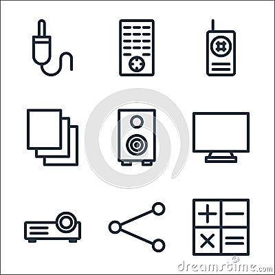 Technology line icons. linear set. quality vector line set such as calculator, share, video projection, computer, sound, files, Vector Illustration