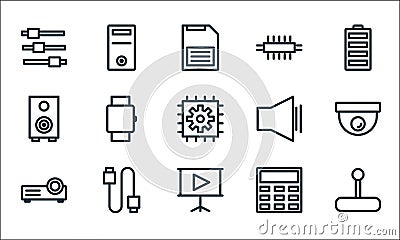 technology line icons. linear set. quality vector line set such as joystick, video presentation, video projection, calculator, Vector Illustration