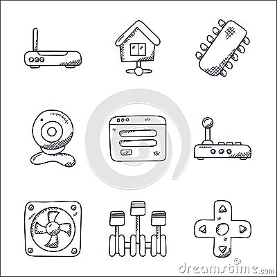 technology line icons. linear set. quality vector line set such as multimedia controls, piston, cooling fan, modem, log in, web Vector Illustration