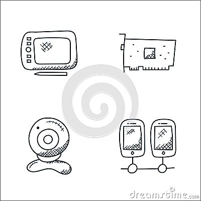 technology line icons. linear set. quality vector line set such as multiple devices, web camera, graphic card Vector Illustration