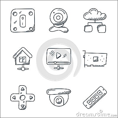 technology line icons. linear set. quality vector line set such as ram, cctv camera, multimedia controls, graphic card, video Vector Illustration