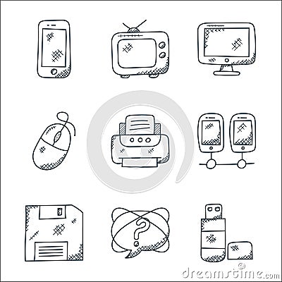 technology line icons. linear set. quality vector line set such as usb, question, floppy disc, multiple devices, printer, mouse, Vector Illustration