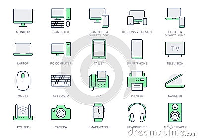 Technology line icons. Vector illustration include icon - computer, monitor, laptop, cellphone, router, fax, scanner Vector Illustration