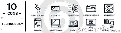 technology linear icon set. includes thin line phone with wire, contact lens, round socket, vintage personal computer, holidays, Vector Illustration