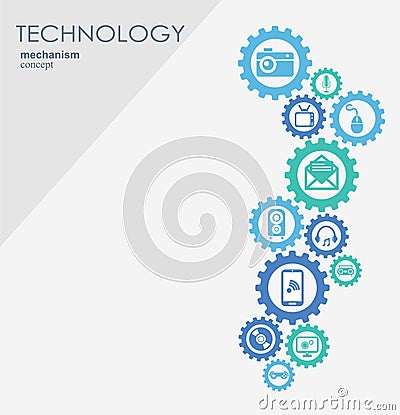 Technology mechanism concept. Abstract background with integrated gears and icons for digital, internet, network Vector Illustration