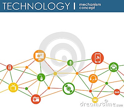 Technology mechanism concept. Abstract background with integrated gears and icons for digital, strategy, internet, network, connec Stock Photo