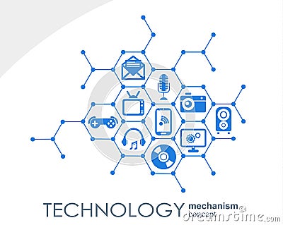 Technology mechanism concept. Abstract background with integrated gears and icons for digital, strategy, internet Vector Illustration