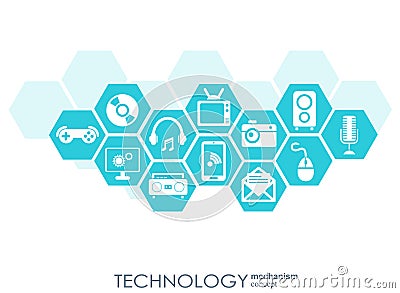 Technology mechanism concept. Abstract background with integrated gears and icons for digital, strategy, internet Vector Illustration