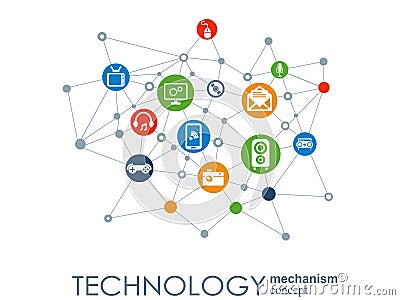 Technology mechanism concept. Abstract background with integrated gears and icons for digital, strategy, internet Vector Illustration