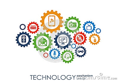 Technology mechanism concept. Abstract background with integrated gears and icons for digital, strategy, internet Vector Illustration