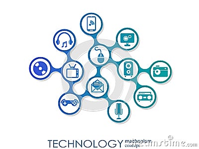 Technology mechanism concept. Abstract background with integrated gears and icons for digital, strategy, internet Vector Illustration