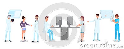 Technology in medicine vector illustrations set. Young doctors, nurses, medics characters. Modern hospital staff working Vector Illustration