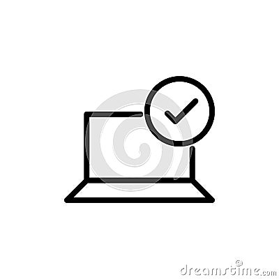 Laptop Approve Technology Monoline Symbol Icon Logo for Graphic Design, UI UX, Game, Android Software, and Website. Vector Illustration