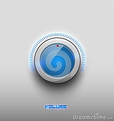 Technology music blue glow glossy button icon, volume settings, sound control vector knob with white plastic ring, scale. Vector Illustration