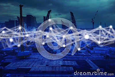 Technology network in construction concept, icon construction network connection with modern screen virtual interface with wire me Stock Photo