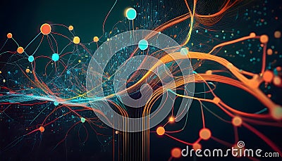 Technology Network Digital Data Flow Artificial Intelligence data processing visualization. Wireless data transmission. Data Stock Photo