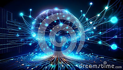 Technology Network Digital Data Flow Artificial Intelligence data processing visualization. Wireless data transmission. Data Stock Photo
