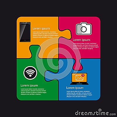 Technology Puzzle Design With Smartphone, Camera, Laptop And Wlan Symbol - Colorful Vector Illustration Stock Photo