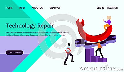 Technology repair vector illustration concept, people with giant wrench concept, can use for, landing page, template, ui, web, Vector Illustration