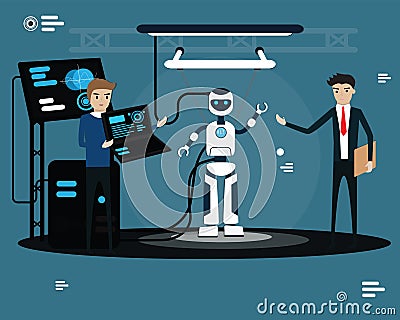 Technology robotic concept,Programmer is loading data to robot, Process of building the robot flat design concept,Vector Vector Illustration