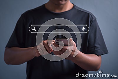 Technology Search Engine for Optimization Data Analysis Searching. Man`s Hands Using Mobile Phone for Search Information on Devic Stock Photo