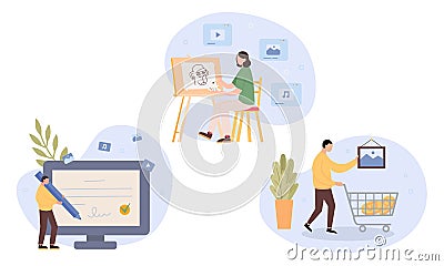 Technology of selling NFT tokens for cryptocurrency. Male and female artists or art dealer sells artworks online. Buyers gives Vector Illustration