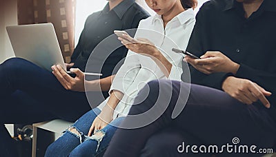 Technology Society, Young people are using electronic devices to talk. Technology in the future is the most important. Stock Photo