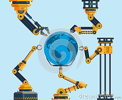 Technology is taking over the world. Robot hands and planet earth, technological progress and innovation process Vector Illustration