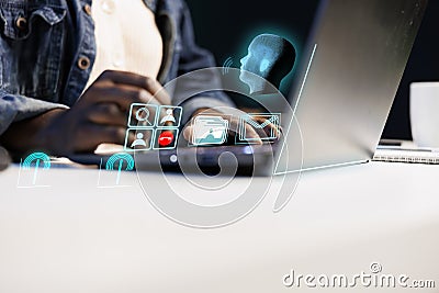Technology user working with AR tech, app icons visualization, close up Stock Photo