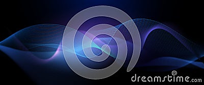 Vector Abstract flowing wave line, particle dot pattern, neon light on dark blue gradient background. Stock Photo