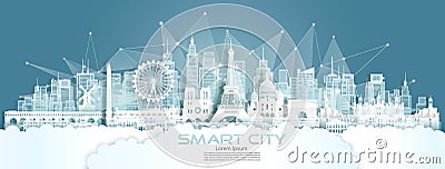 Technology wireless network communication smart city with architecture in France Cartoon Illustration