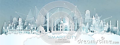 Technology wireless network communication smart city with architecture in India Cartoon Illustration