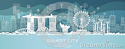 Technology wireless network communication smart city with architecture in singapore Cartoon Illustration