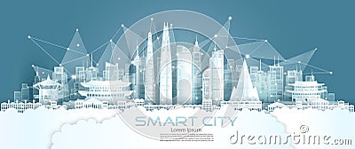 Technology wireless network communication smart city with architecture south Korea Cartoon Illustration