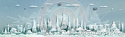 Technology wireless network communication smart city with architecture of world Cartoon Illustration