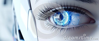 Technology woman macro human close-up beauty blue pupil closeup eye face robotic futuristic Stock Photo