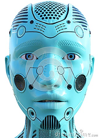 Technology, Woman Robot Head, Isolated, Blue Stock Photo