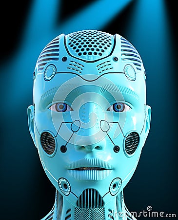 Technology, Woman Robot Head, Machine Stock Photo