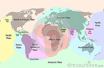 Tectonic plate earth map. Continental ocean pacific, volcano lithosphere geography plates Vector Illustration