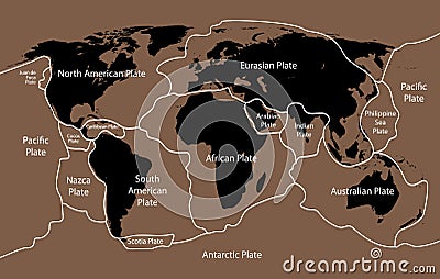 Tectonic plate earth map. Continental ocean pacific, volcano lithosphere geography plates Vector Illustration