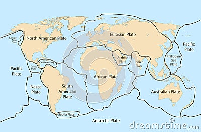 Tectonic plate earth map. Continental ocean pacific, volcano lithosphere geography plates Vector Illustration