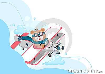 Teddy bear pilot flies on an airplane Vector Illustration