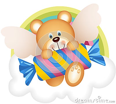 Teddy bear angel with candy on the cloud Stock Photo