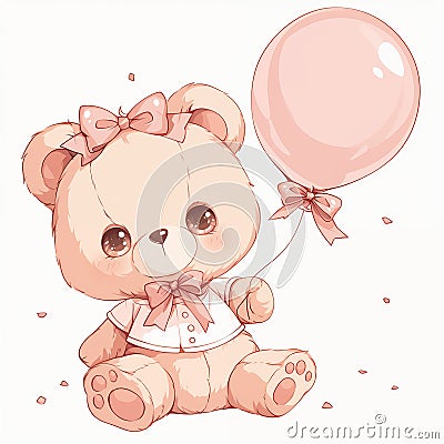 Teddy bear with balloon , Cute baby bear girl. illustration isolated on white background. Baby shower, greeting card Cartoon Illustration