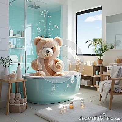 AI generative Teddy bear in bathtub in modern bathroom. 3d rendering Stock Photo