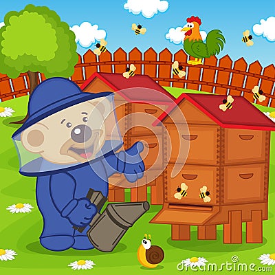 Teddy bear beekeeper keeps bee smoker Vector Illustration
