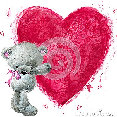 Teddy bear with the big red heart. Valentines greeting card. Cartoon Illustration